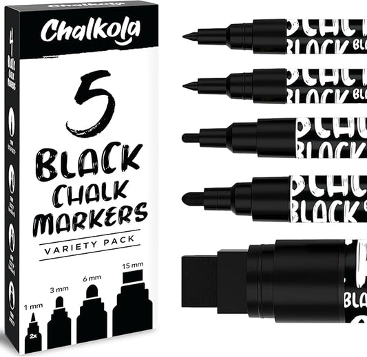 Chalkola 5 Black Liquid Chalk Markers for Blackboard, Chalkboard Signs, Car Windows, Glass - Washable Black Dry Erase Markers | Variety Pack - Fine & Jumbo Size Chalk Pen (1mm, 3mm, 6mm, 15mm)