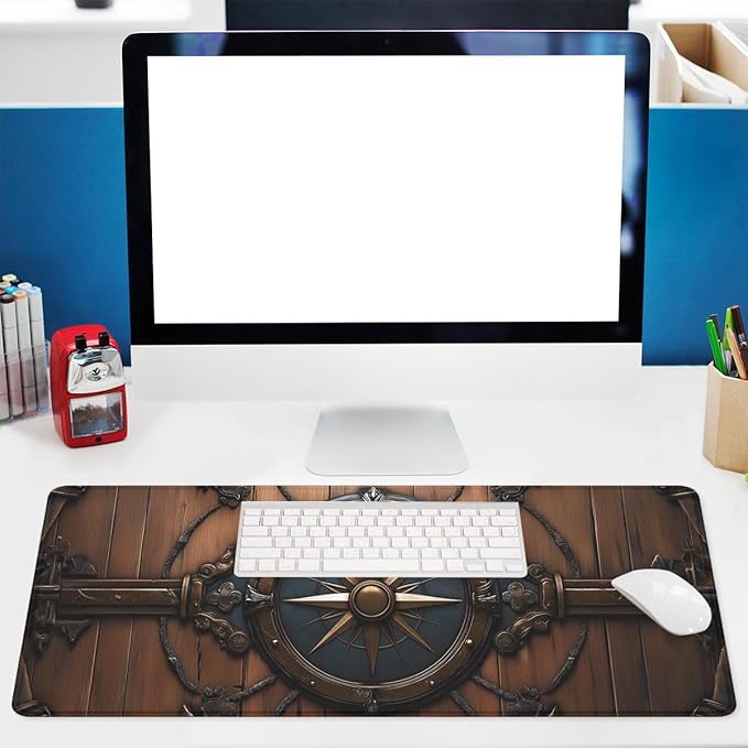 Nautical Compass Desk Pad Mouse Pad Vintage Wood Metal Large Gaming Mouse Mat with Stitched Edges,Non-Slip Waterproof Rubber Base Mous Mat 31.5"x11.8"