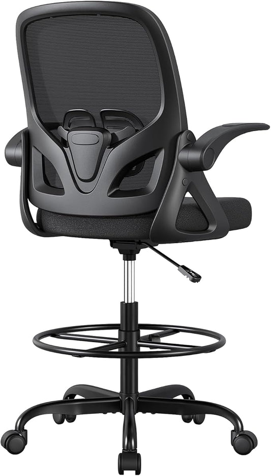 Tall Drafting Chair with Lumbar Support and Footrest Ring, Supportive Tall Extended Height Ergonomic Desk Chair for Home Work, Breathable Mesh Office Chair with Flip up Arms(Black)