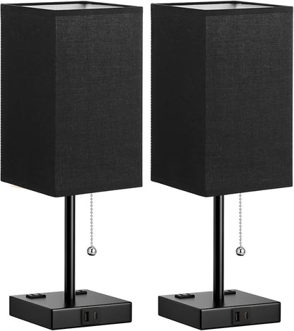 Balck Table Lamps for Bedroom Set of 2 Nightstand - 17.4In Tall, 3 Color Bedside Lamps with AC Outlets and USB A & C for Charging, Square Night Stand light, End Table Lamp for Living Room/Dorm/Office