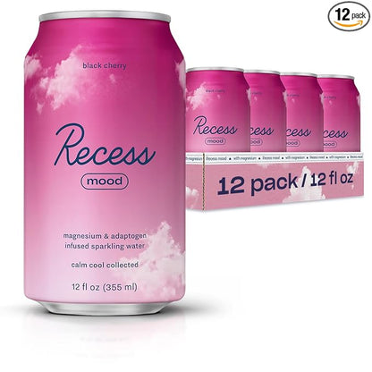 Recess Mood Magnesium & Adaptogen Drink, Relaxation Beverage, 12 ounce (Black Cherry, 12 pack)