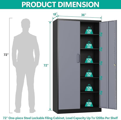 SISESOL Wide & Deep Metal Storage Cabinet with 5 Adjustable Shelf,72" Tall Garage Storage Cabinet with Lock,Metal Cabinets with Locking Doors,Lockable Steel Cabinets for Home,Office,Garage Locker