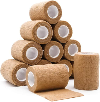 12 Rolls Elastic Self Adhesive Bandage Wrap 3 Inch, Breathable Non Woven Cohesive Bandage, Vet Wrap for Dogs, Ankle Sprains Swelling Medical First Aid Tape, Sports Athletic Tape Brown
