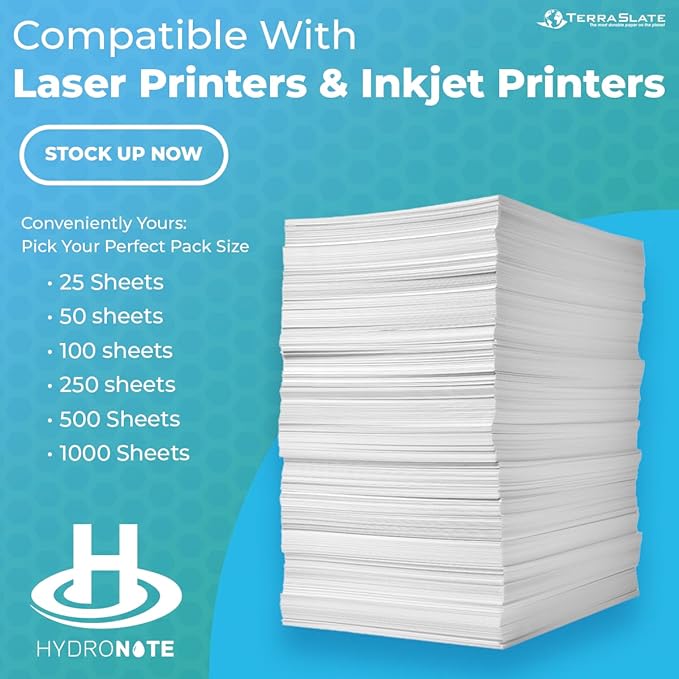 TerraSlate Waterproof Paper - Hydronote 54lb Multipurpose Copy Paper 8.5” x 11”, Bulk White Paper, 500 Sheets, Inkjet Printer and Laser Printer Paper Compatible - Weather/Rain Proof, Durable