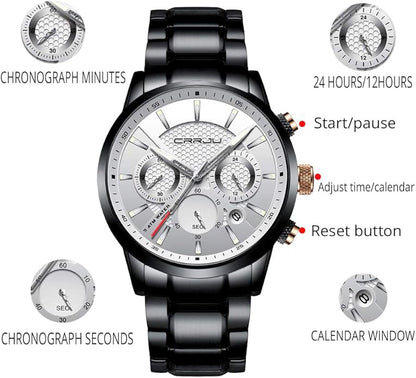 CRRJU Men's Business Casual Chronograph Quartz Waterproof Wristwatch Black Leather Strap
