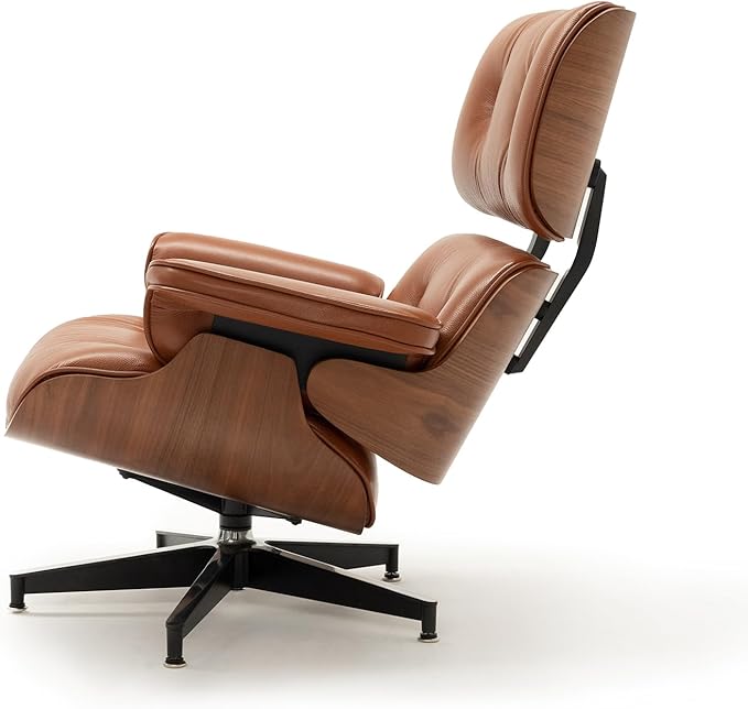 Mid Century Chaise Lounge Chair with Ottoman, Top Black Grain Leather, Modern Office Chair Classic Design, Heavy Duty Base Support for Living Room Study Lounge Office