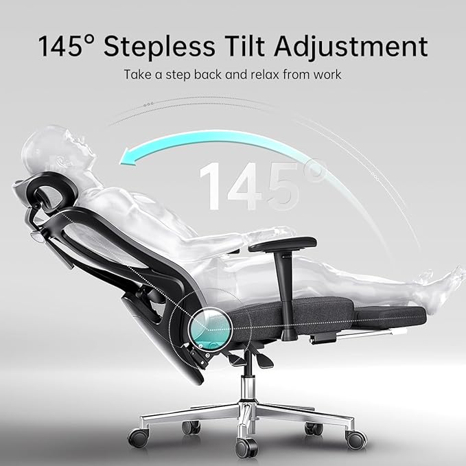 Hbada P3 Ergonnomic Office Chair with 2D Adjustable Lumbar Support, Office Chair with Adjustable Headrest and Armrest, 145° Stepless Tilt Function, Black(with Footrest)