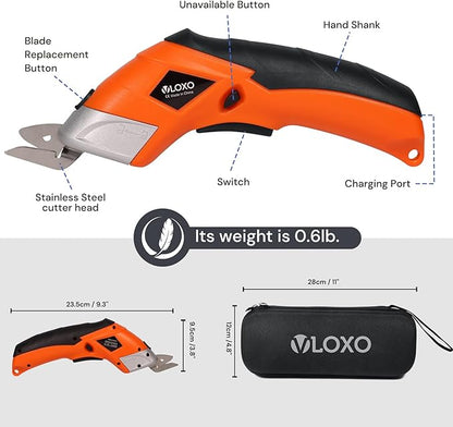 VLOXO Cordless Electric Scissors, Cardboard Cutter Electric Fabric Scissors Box Cutter with Blades Rechargeable Powerful Fabric Cutter for Crafts Leather Carboard Carpet Plastic Felt with Case Orange
