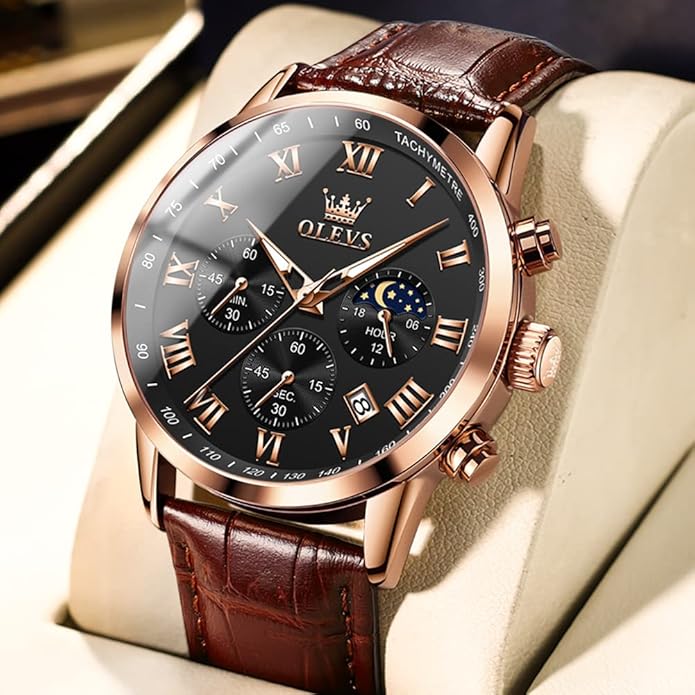 OLEVS Men's Leather Analog Quartz Watch - Luxury Chronograph Wristwatch With Date, Waterproof, Luminous - Dress Style