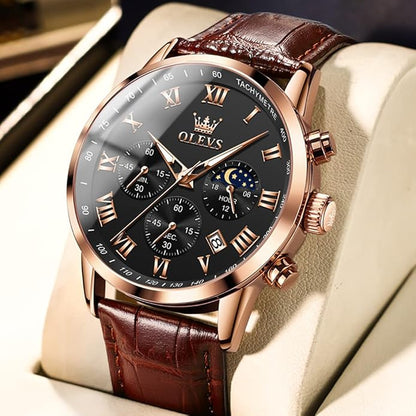 OLEVS Men's Leather Analog Quartz Watch - Luxury Chronograph Wristwatch With Date, Waterproof, Luminous - Dress Style