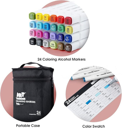 TRANSON Alcohol Markers for Drawing Coloring 24 Colors Dual-tip Fine and Chisel Tips