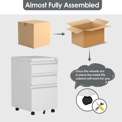 SUXXAN 3 Drawer Mobile File Cabinet with Lock, Under Desk Metal Filing Cabinet for Office,Home,A4/Legal/Letter Size, Fully Assembled (White)