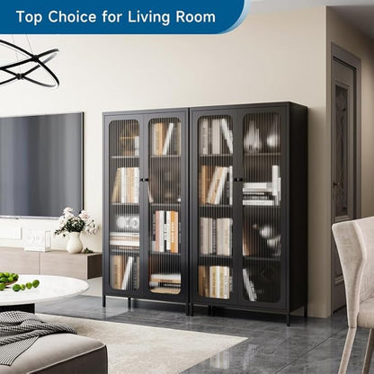 63'' Kitchen Pantry Storage Cabinet, Metal Display Cabinet with Glass Door and 3 Adjustable Shelves, Kitchen Hutch Storage Cabinet for Dining Room, Living Room, Assemble Required (Black)