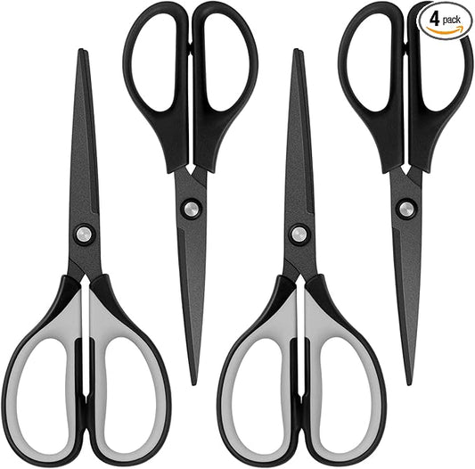 Titanium Scissors, Professional Multi-Purpose Scissors with Stainless Steel Blades, Soft Grip Handle, Great for Office School Sewing Craft Supplies, Grey Black/All Black, 4 Pack