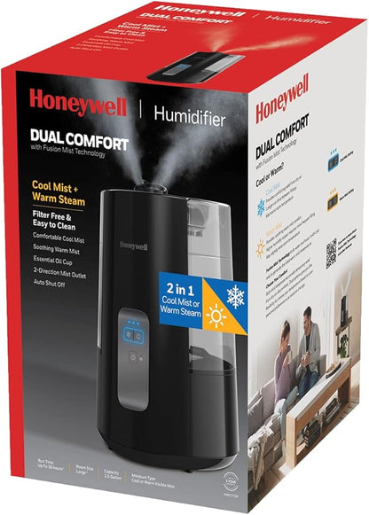 Honeywell Dual Comfort Cool + Warm Mist humidifier. Humidifier for Bedroom, Office, Living Room and Home. Provides Temporary Relief from Dry air discomforts - Black, HWC775B