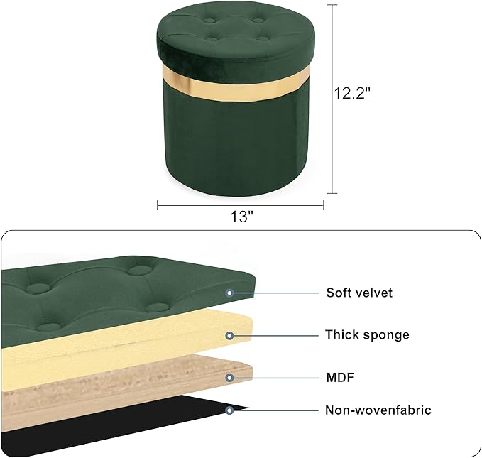 Small Ottoman with Storage,Folding Round Ottoman with Gold Trim,Velvet Storage Stool,Foot Stool with Soft Padded,Foot Rest for Living Room13“x13”x12.4(Green,1pcs)