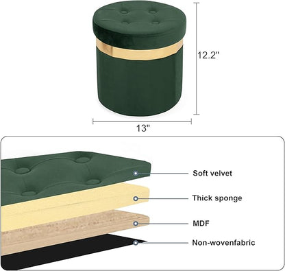 Small Ottoman with Storage,Folding Round Ottoman with Gold Trim,Velvet Storage Stool,Foot Stool with Soft Padded,Foot Rest for Living Room13“x13”x12.4(Green,1pcs)