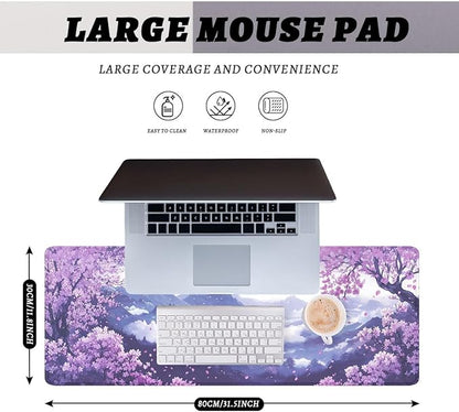 Cherry Blossom Desk Pad Mouse Pad Purple Spring Mountain Scenery Mousepad XL Large Gaming Mouse Pad Laptop Keyboard Mat Desk Pad 31.5"x11.8"