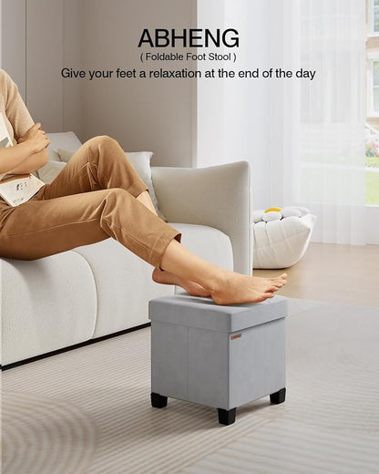 Cube Storage Ottoman, Velvet Foot Stool with Feet, Folding Bench, End of Bed Bench, Storage Chest, for Living Room, Bedroom and Office, 15 x 15 x 15.7 Inches, Dove Gray, ASND22G