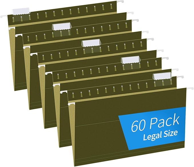 Hanging File Folders, RAZCC 60 Pack Reinforced Hanging Folders Legal Size, Designed for Bulky Files, Filing Cabinet, Adjustable Tabs, Green