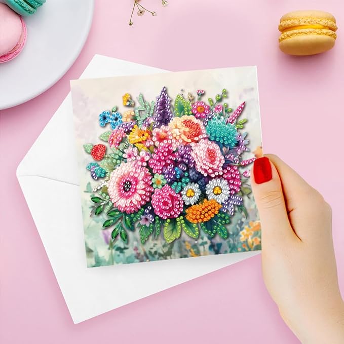 6pcs DIY Flowers Diamond Art Painting Greeting Cards Kit, Rhinestone Art Holiday Birthday Card Set with Envelopes, DIY Festival Craft for Girlfriend, Christmas Valentine Gift Making Supplies