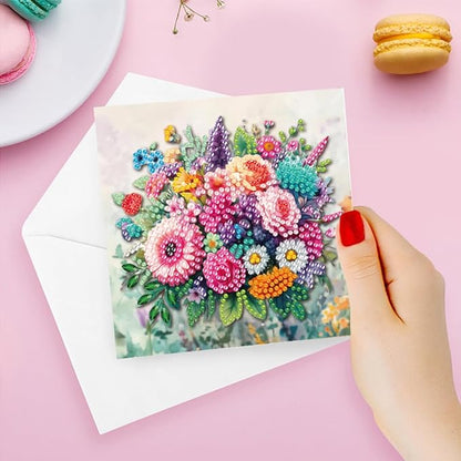 6pcs DIY Flowers Diamond Art Painting Greeting Cards Kit, Rhinestone Art Holiday Birthday Card Set with Envelopes, DIY Festival Craft for Girlfriend, Christmas Valentine Gift Making Supplies