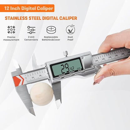 Digital Caliper 12 Inch, HARDELL Caliper Measuring Tool, Stainless Steel Calipers with 2 Backup Batteries&Extra Cover, Easy Switch Inch/MM/Fraction, Micrometer Caliper for 3D Printing, Jewelry Making