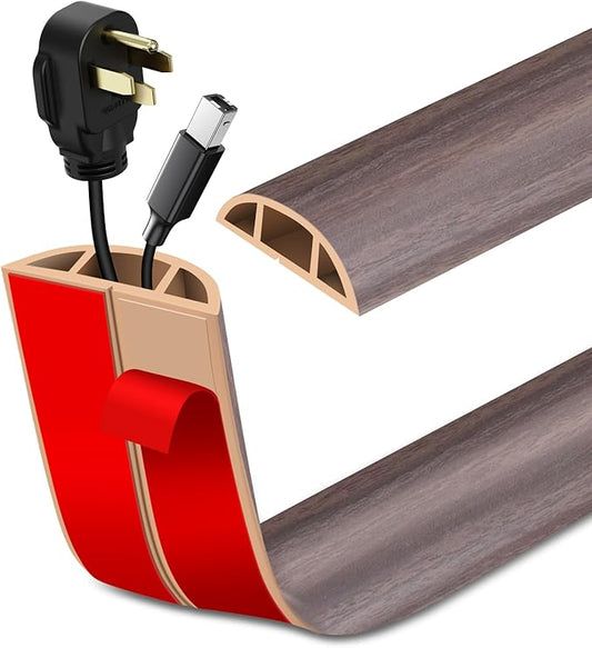Floor Cord Cover Self Adhesive Cord Hider Floor Extension Cord Covers for Floor Power Cord Protector Cable Management Prevent Cable Trips Cable Cavity 0.51" W x 0.31" H (Brown Walnut Wood, 3.3Ft)