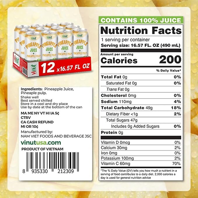 Vinut Natural Pineapple Juice Drink with Pulp, (16.57 fl oz, Pack of 12) Real Pineapple Juice, No Sugar Added, Gluten Free, GMO-Free