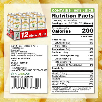 Vinut Natural Pineapple Juice Drink with Pulp, (16.57 fl oz, Pack of 12) Real Pineapple Juice, No Sugar Added, Gluten Free, GMO-Free