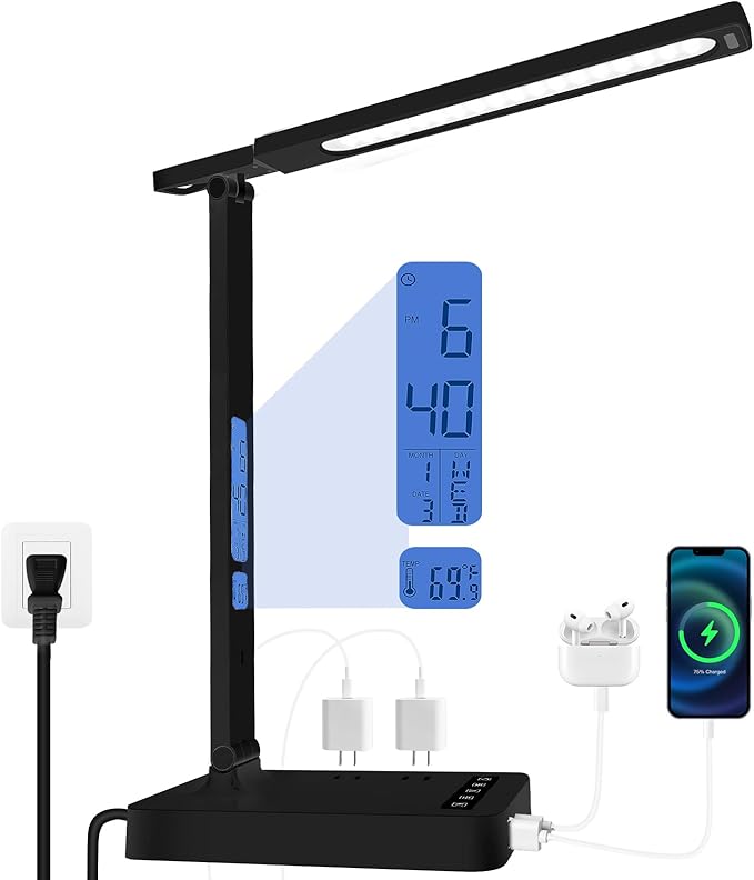 karidi Smart Desk Lamp with Digital Clock, 4-in-1 Charging Station (2 AC Outlets, Type-C, USB-A Ports), Temperature Display, 5 Color & Brightness Settings, Ideal for Offices & Bedrooms