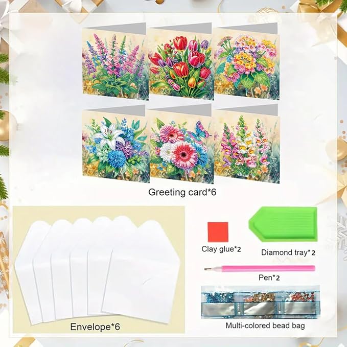 6pcs DIY Flower Diamond Art Painting Greeting Cards Kit, Rhinestone Art Holiday Birthday Card Set with Envelopes, DIY Festival Craft for Girlfriend, Christmas Valentine Gift Making Supplies