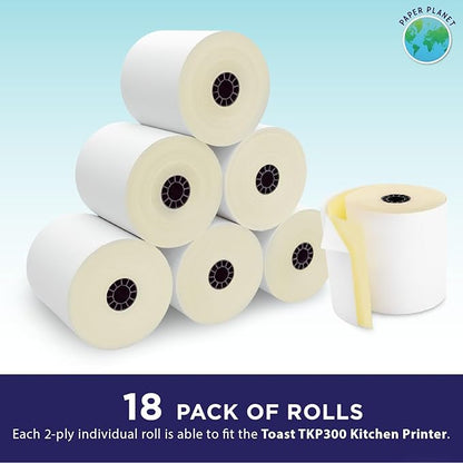 2-Ply White/Yellow Carbonless Paper for Toast Kitchen Printer by Paper Planet | 18 Rolls | TKP300 SNBC BTP-M300