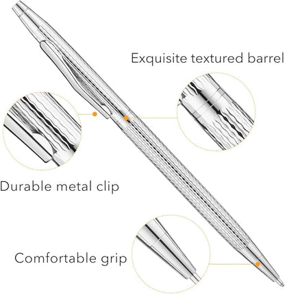 Unibene Slim Metallic Retractable Ballpoint Pens - Carved Silver, Nice Gift for Business Office Students Teachers Wedding Christmas, Medium Point(1 mm) 6 Pack-Black ink