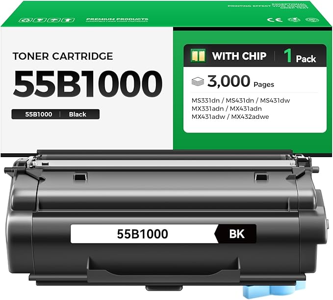 55B1000 Toner Cartridge with Chip Replacement for Lexmark 55B1000 55B1H00 Compatible with Lexmark MS331 MS431 MX331 MX431 MS331dn MS431dn MS431dw MX331adn MX431adn MX431adw MX432adwe Laser Printer Ink