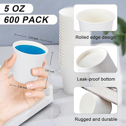 SIUQ 600 Pack 5 oz Paper Cups, Disposable Mini Bathroom Mouthwash Cups, Hot/Cold Drinking Cups, White Disposable Paper Cups for Bathroom, Home, Party, Office, Picnic, Travel