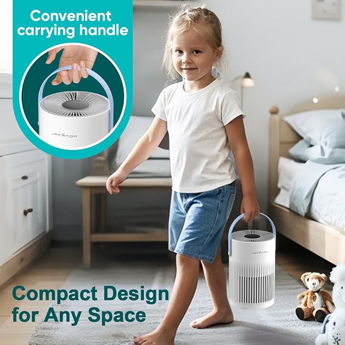 Jafanda Small Air Purifier JF068, 20dB Sleep Mode, Portable Air Cleaner with Handle, 3-Stage HEPA Filtration for Dust, Pollen, Pet Fur, Smoke, 7-Color Light for Home/Bedroom/Dorm/Office/Travel
