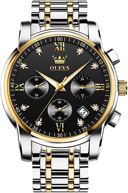 OLEVS Men's Stainless Steel Chronograph Watch, Big Face Gold Silver Black Tone Easy to Read Analog Quartz Watch, Luxury Waterproof Date Diamond Roman Arabic Numerals Dial Dress Watch for Men