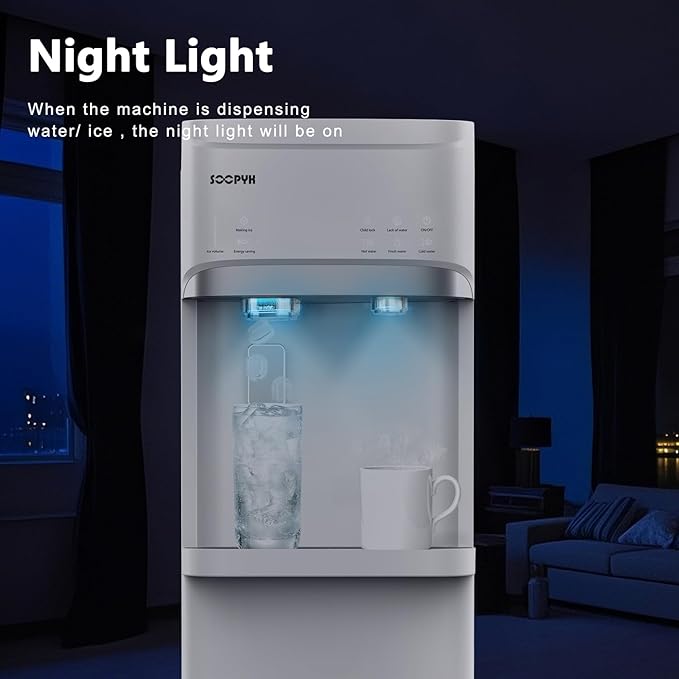 Self Cleaning Hot and Cold Water Cooler Dispenser with Ice Maker for 5 Gallon Bottom Loading 22lbs Daily Capacity Night Light White
