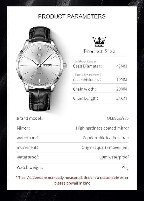 OLEVS Mens Watches, Dress Waterproof Classic Analog Casual Luxury Wrist Watch for Men with Date, Easy to Read Relojes para Hombres Male Quartz Wristwatch with Brown Black Leather Band Blue Black Dial