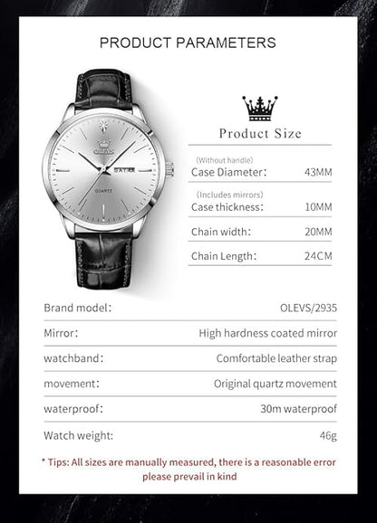 OLEVS Mens Watches, Dress Waterproof Classic Analog Casual Luxury Wrist Watch for Men with Date, Easy to Read Relojes para Hombres Male Quartz Wristwatch with Brown Black Leather Band Blue Black Dial