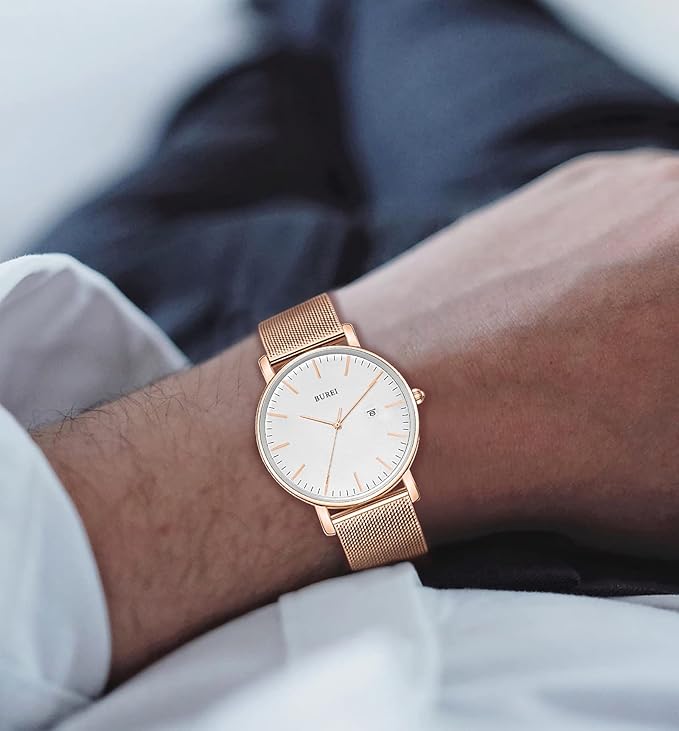 BUREI Men Watches Brown Leather Fashion Minimalist Wrist Watch Simple Ultra Thin Waterproof Quartz Watches All Black Stainless Steel Mesh Band,Gift for Men Women