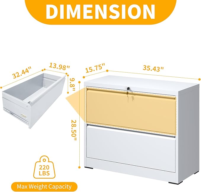 File Cabinet with Lock, 2 Drawer Lateral Filing Cabinet for Home Office, White Metal Heavy Duty File Cabinets for Hanging Letter/Legal/F4/A4 Size Files, Assembly Required