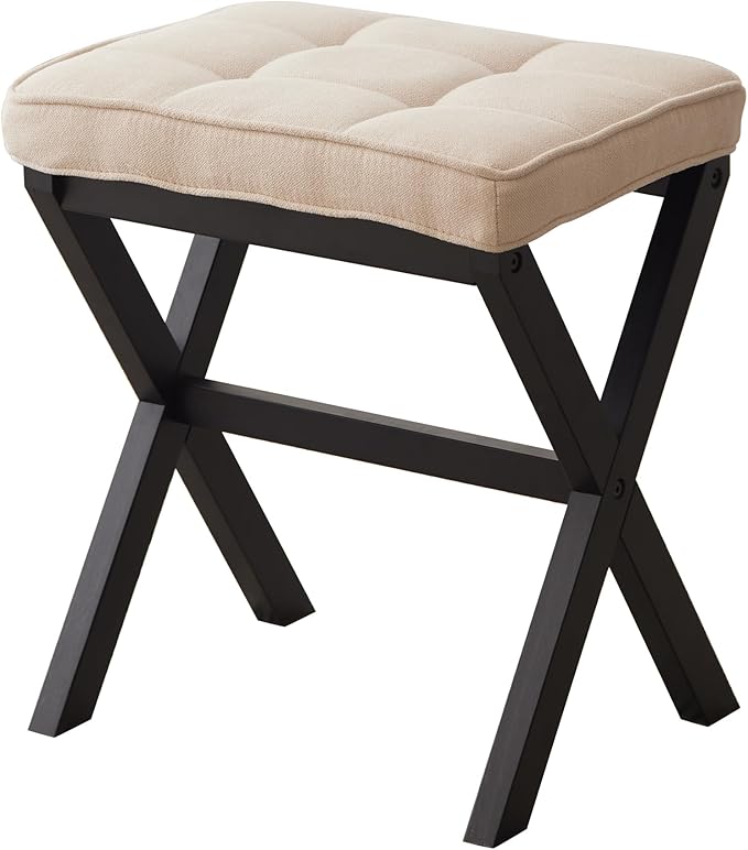 FILWH Foot Stool Small Ottoman Foot Rest Padded Foot Stool Desk Foot Stool for Under Office Desk Vanity Stool Bamboo Footstool Sofa Footrest Shoe Stool Small Foot Stools (Black Legs + Beige)