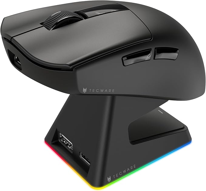 TECWARE EX1 Lightweight Gaming Mouse, 26K DPI Wireless Mouse, OLED Screen Display, 59g Lightweight, RGB Charging Dock, Tri-Mode Connectivity, Comes with PTFE Feet and Grip Tape, Gaming Mouse (Black)