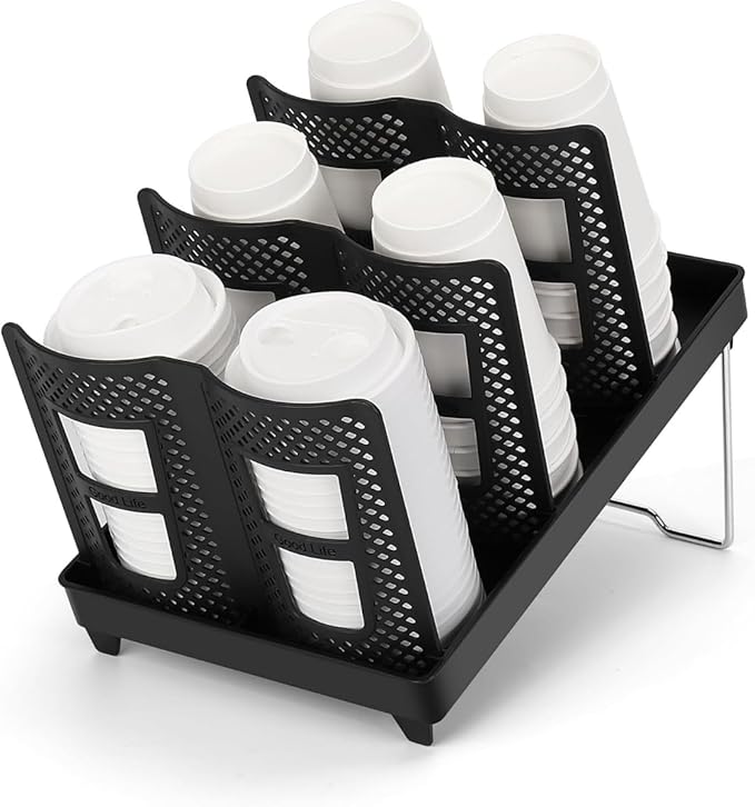 Atarvana 6 Slots Paper Cup and Lid Holder for 8-20oz Cups, Disposable Coffee Cup Dispenser of 2 Display Design for Coffee Station, Bar, Office, Home, Restaurant, Breakroom, Countertop