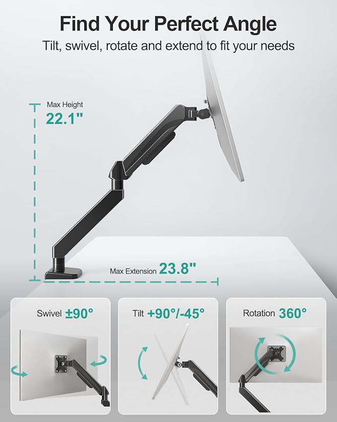 MOUNT PRO Ultrawide Single Monitor Arm for 22"- 42" Screens, Monitor Desk Mount Stand Holds 4.4-33 lbs, Heavy Duty Height Adjustable Vesa Mount, with C Clamp & Grommet Base