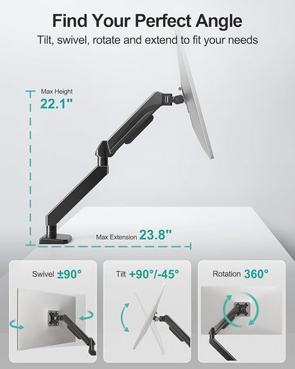 MOUNT PRO Ultrawide Single Monitor Arm for 22"- 42" Screens, Monitor Desk Mount Stand Holds 4.4-33 lbs, Heavy Duty Height Adjustable Vesa Mount, with C Clamp & Grommet Base
