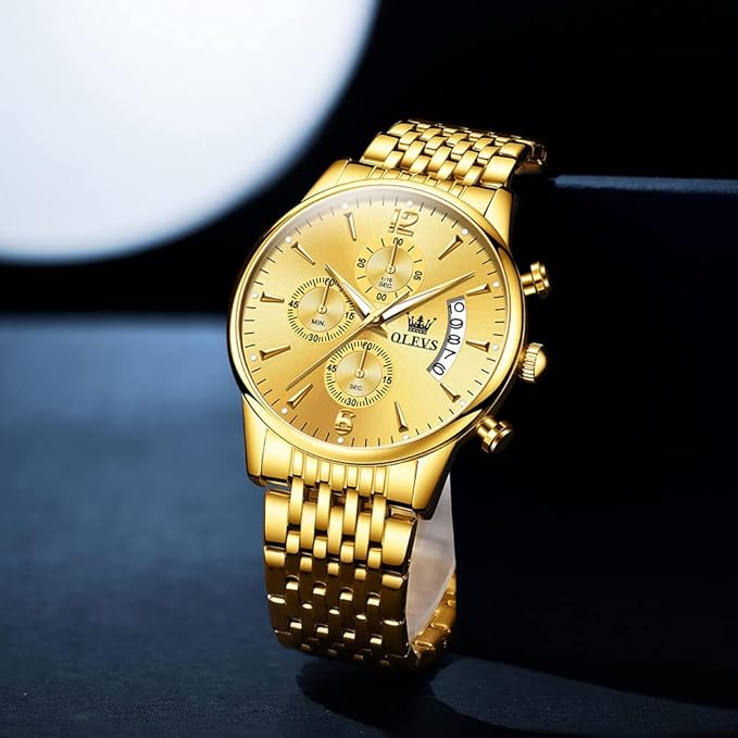 OLEVS Men's Stainless Steel Chronograph Watch, Big Face Gold Silver Black Tone Easy to Read Analog Quartz Watch, Luxury Waterproof Date Diamond Roman Arabic Numerals Dial Dress Watch for Men