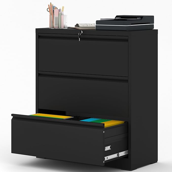 File Cabinet with Lock, 3 Drawer Lateral Filing Cabinet for Home Office, Black Metal Heavy Duty File Cabinets for Hanging Letter/Legal/F4/A4 Size Files, Assembly Required